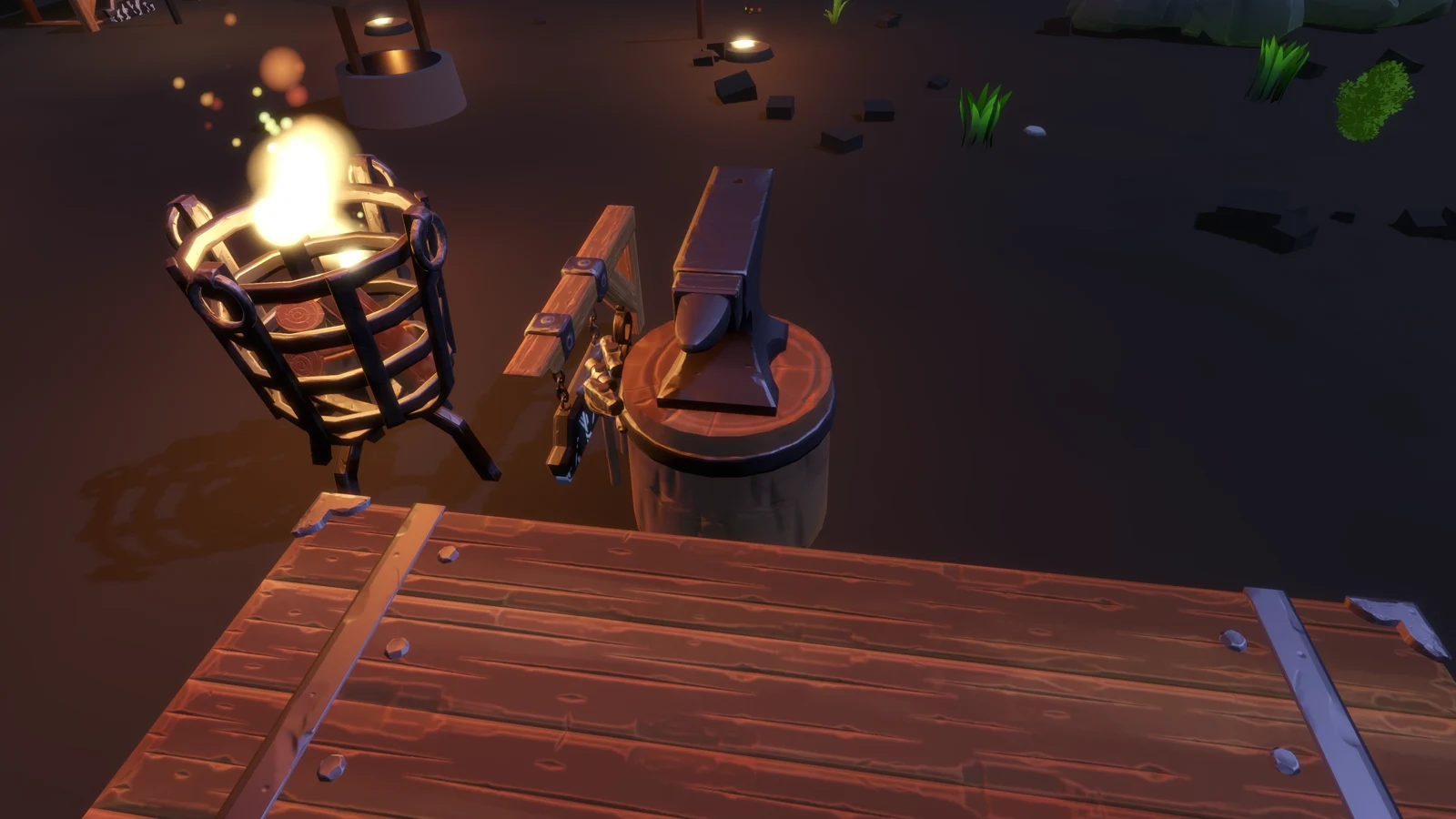 A glowing brazier and anvil in a still from Forged’s intro cinematic
