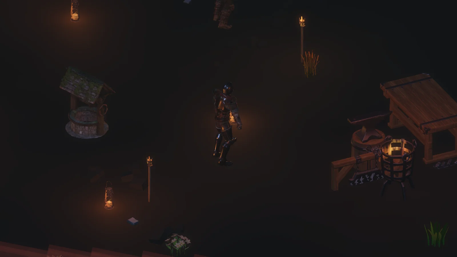 Armored player in a torchlit camp